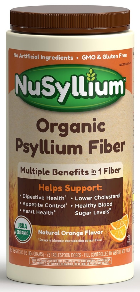 NuSyllium Psyllium Husk Powder, USDA Organic, 30.5 Oz, Dietary Fiber Supplement with Brown Sugar, Helps Digestive Health* Natural Orange, 72 Servings