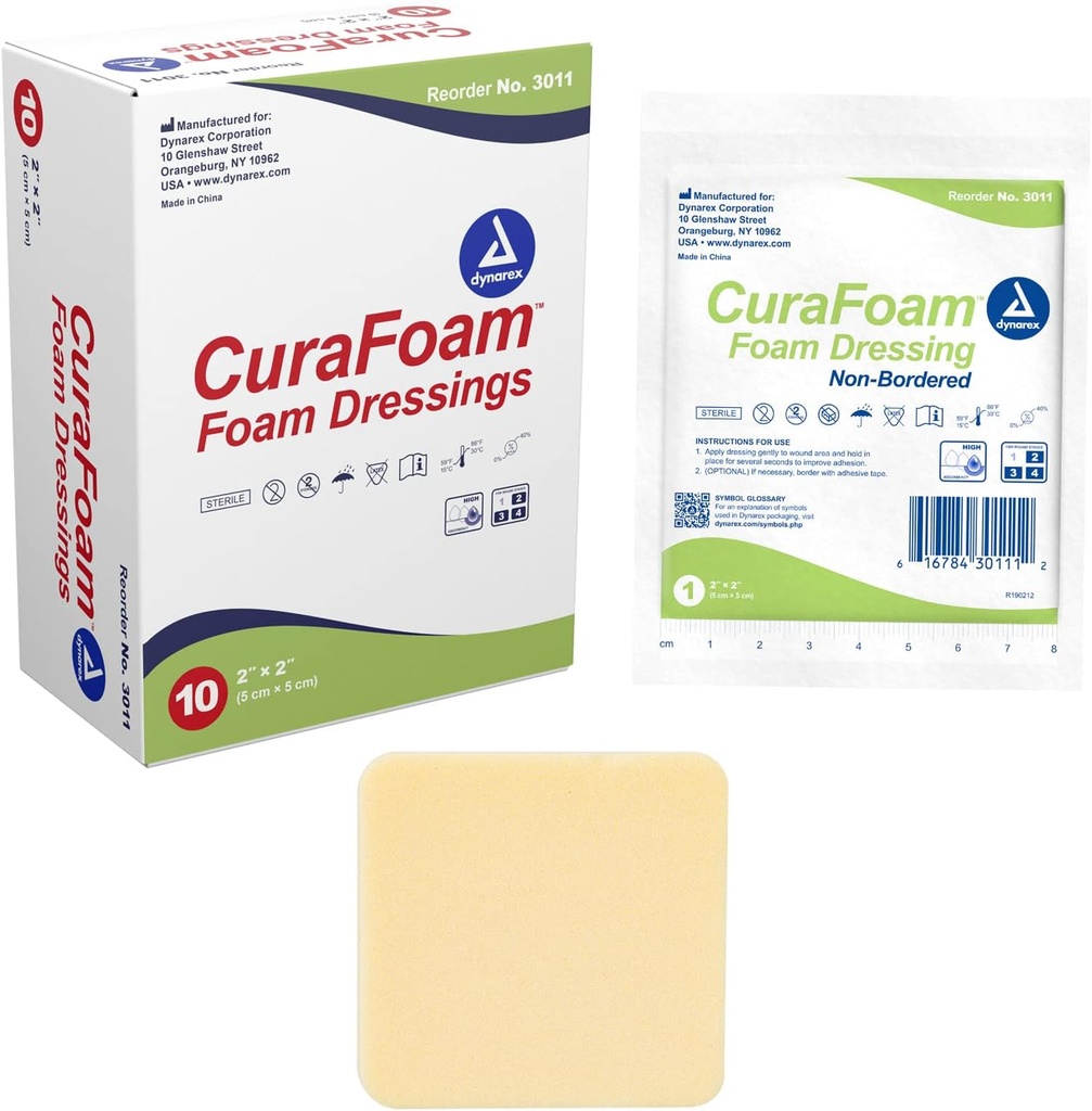 דינארקס 3011 CuraFoam Foam Dressing, non-Bordered, Sterile, מספק Cushioned ו Moist Wound Care, 2 " x 2", חבילת 10