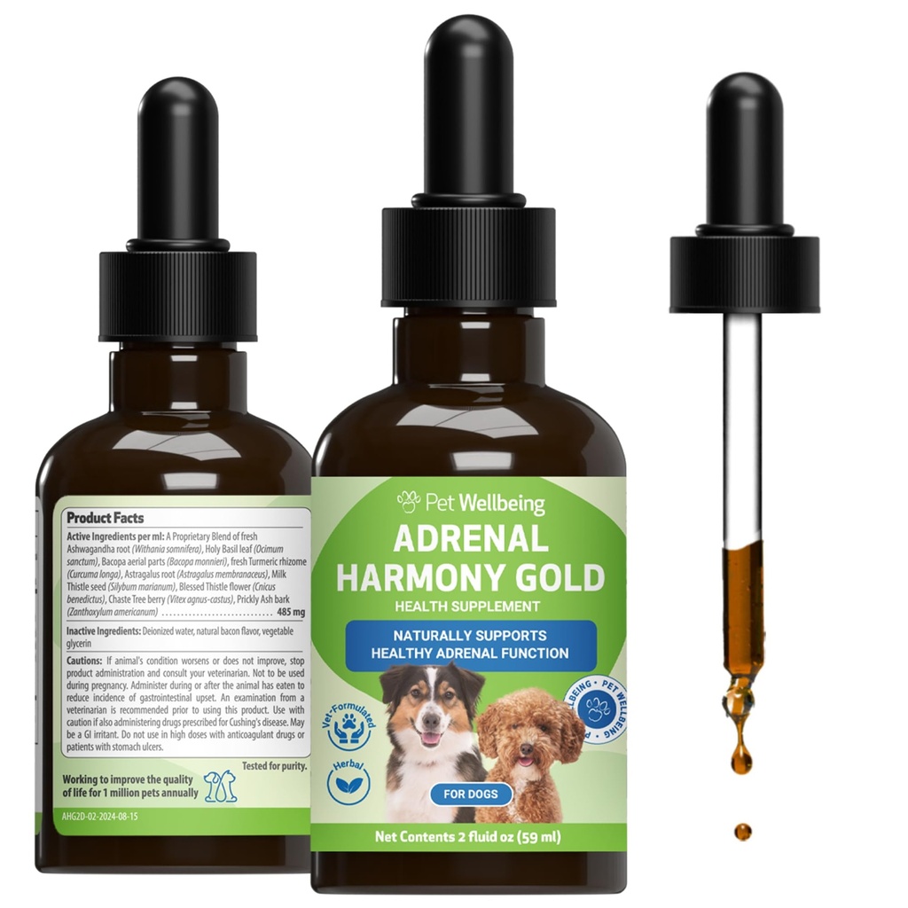Pet Wellbeing Adrenal Harmony Gold for Dogs - Supports Adrenal Function & Normal Cortisol Levels with Ashwagandha & Bacopa - NASC Certified & Vet-Formulated - 2 oz Liquid Formula