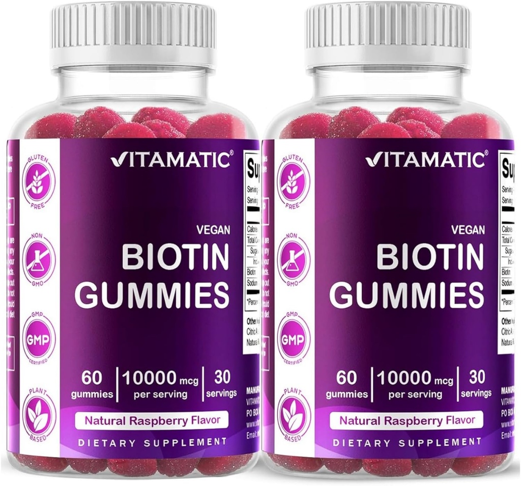 Vitamatic biotin Gummies 10,000 mcg לשיער חזק יותר, Skin & Nails - 60 חניכיים טבעוניות - נקרא גם ויטמין B7 (2 בקבוקים)