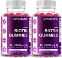 Vitamatic biotin Gummies 10,000 mcg לשיער חזק יותר, Skin & Nails - 60 חניכיים טבעוניות - נקרא גם ויטמין B7 (2 בקבוקים)