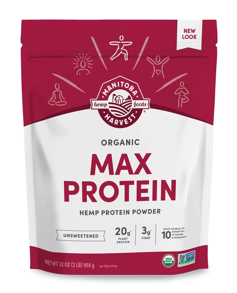 Manitoba Harvest Hemp כן אורגני אבקת חלבון מקס, לא ממותק, 32oz, עם חלבון 20g ו 4.5g אומגהs 3 &6 לשרת, Keto-Friendly, Preservative חינם, non-GMO, Packaging May Vary Vary