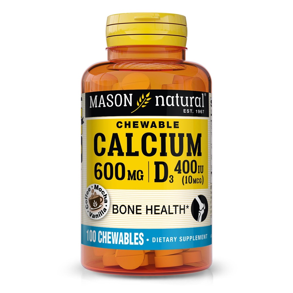 MASON NATURAL Calcium 600 מ"ג עם ויטמין D3, 100 יום אספקה, תומך עצמות בריאות ותפקוד שרירים נורמלי, קפה מואצ'ה פלאמור, 100 צ'וות