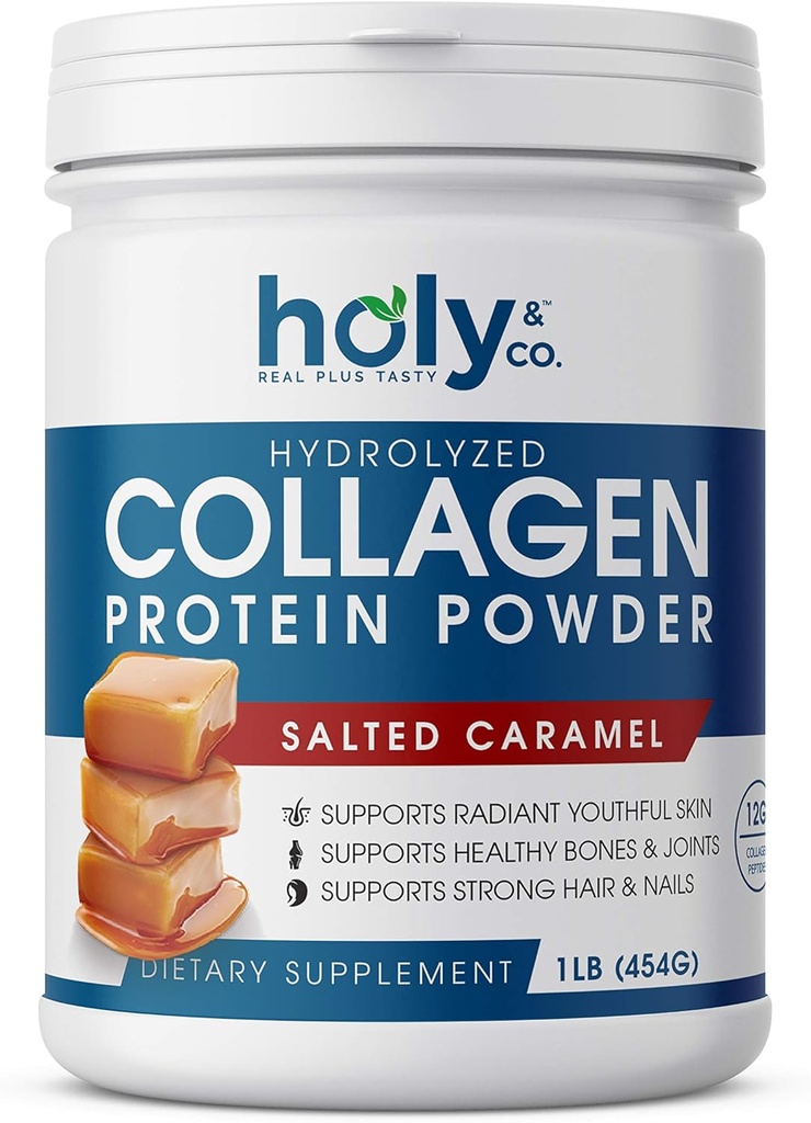 Holy and Co. Collagen Peptides אבקת חלבון עבור גברים ונשים - non-GMO, Keto / PAeo Friendly, כשר וגלוט חינם - Salted Karamel 16oz (1LB)