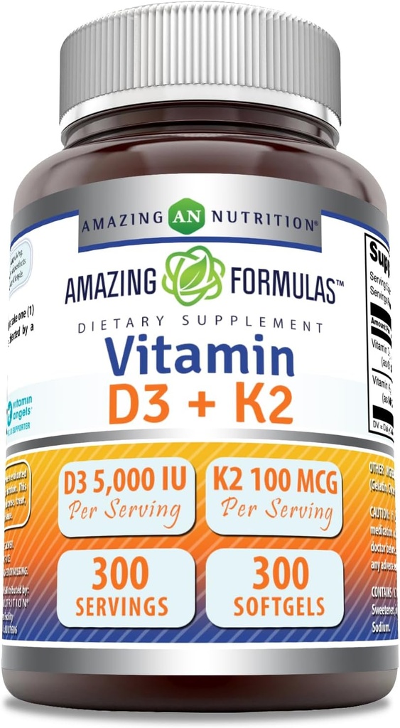 פורמולה מדהימה ויטמין D3 5000 IU עם ויטמין K2 100 Mcg | D3 + K2 מורכב תוסף | Softgels | Non-GMO | Gluten-Free | Made in USA (1 Pack, 300 Count)