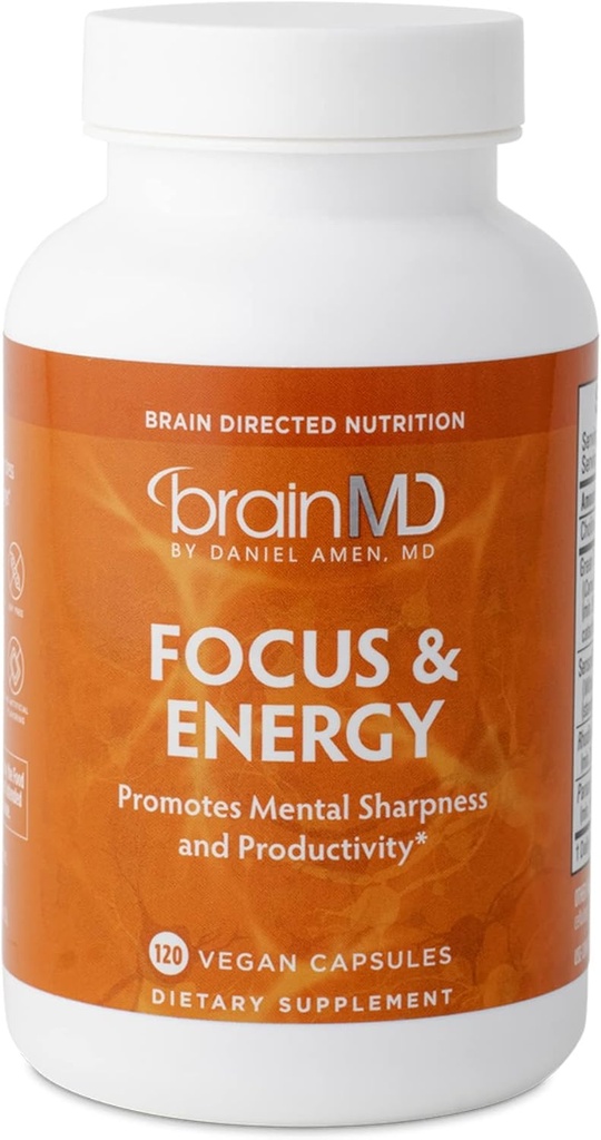 BRAINMD ד"ר Amen Focus & Energy - 120 קפסולות, Pack of 2 - מקדם ריכוז ותשומת לב - Caffeine חינם, Gluten Free - 60 המשרתים המלאים