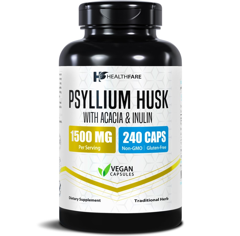 Healthfare Psyllium Huskfi 1500 מ"ג | 240 קפסולות טבעוניות | תוספת כוח תוספת תוסף סיבים | תמיכה בבריאות העיכול | Non-GMO, Gluten-Free | Made in USA