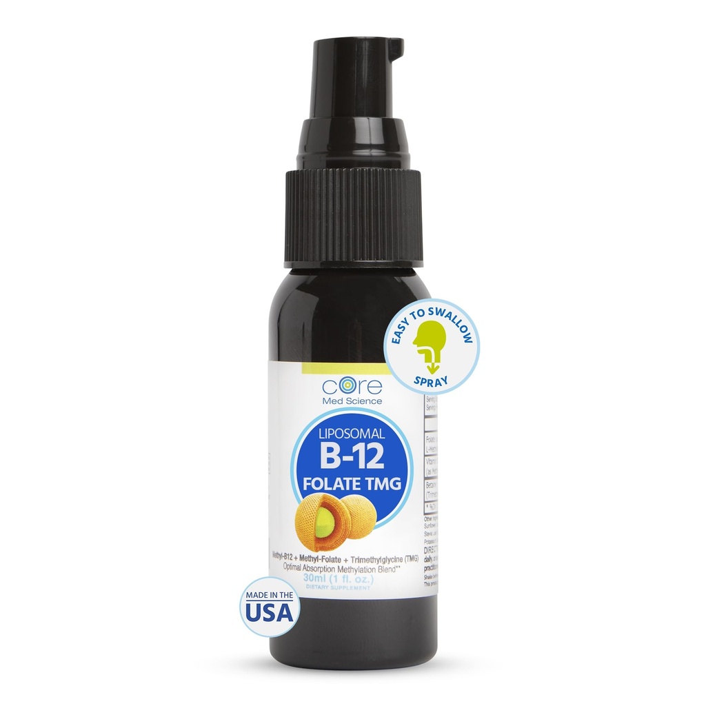 Core Med Science Liposomal B12 Folate TMG Liquid Spray Supplement for Women & Men - Supports Mood, Cognitive, & Heart Health - Vitamin B9 & Betaine for Homocysteine Levels & Methylation Cycle, 1 Fl Oz