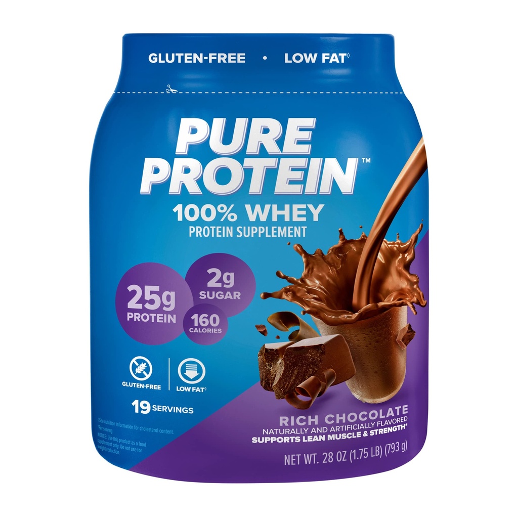 חלבון טהור 100% אבקת חלבון Whey, שוקולד עשיר, 25 גרם חלבון, 1.75 lb (Packaging May Vary)
