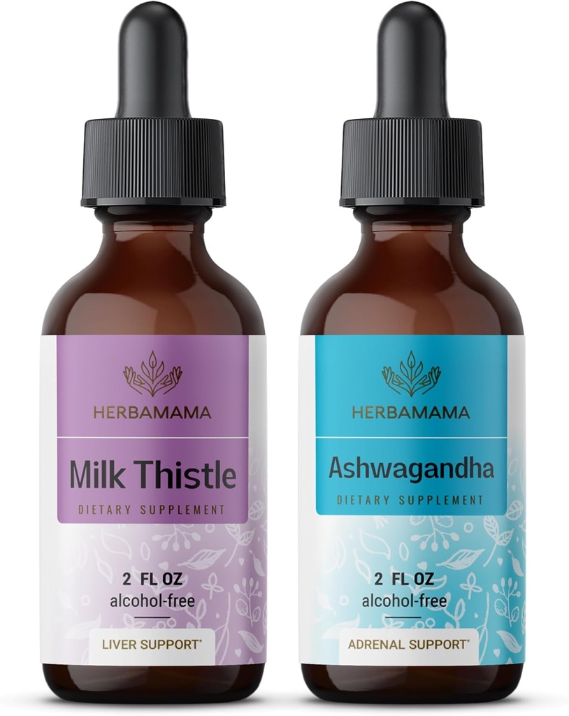 HerBAMAMA Herbal Liquid Drops Kit - Bundle of Milk Thistle Extract & Ashwagandha Root Tincture 2 oz - טבעוני, non-GMO, Sugar & אלכוהול חינם - 2 Pack