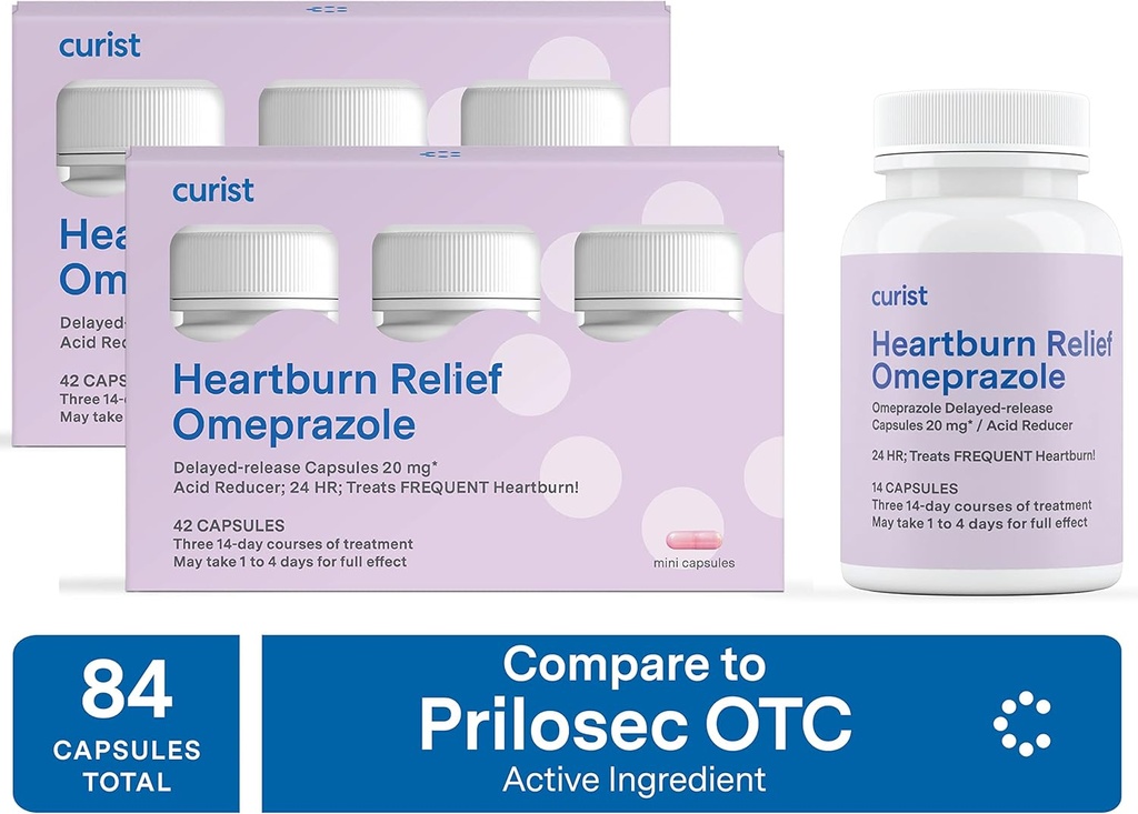Curist Omeprazole 20mg Bulk 84 ct (2 Packs of 42 ct) קפסולות Delayed-Release - Acid Reflux Medicine for Heartburn Relief - Omeprazole Magnesium 20.6 מ"ג 84 קפסולות