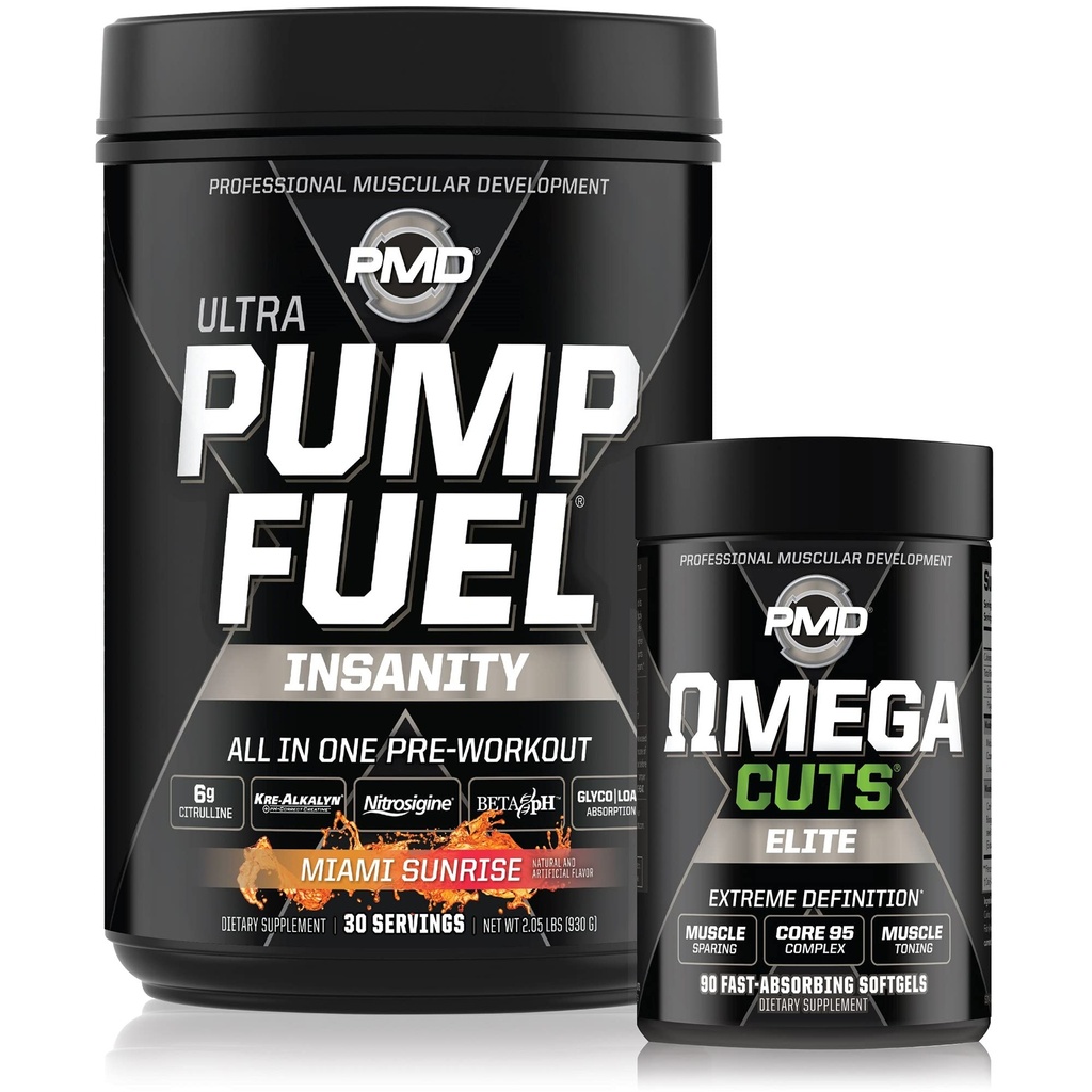 PMD Sports PMD ספורט אולטרה משאבת דלק Insanity - Pre Workout - Miami Sunset (30 משרתים) ו- PMD ספורט אומגה חותך עלית השומן התרמיאוגני (90 Softgels)