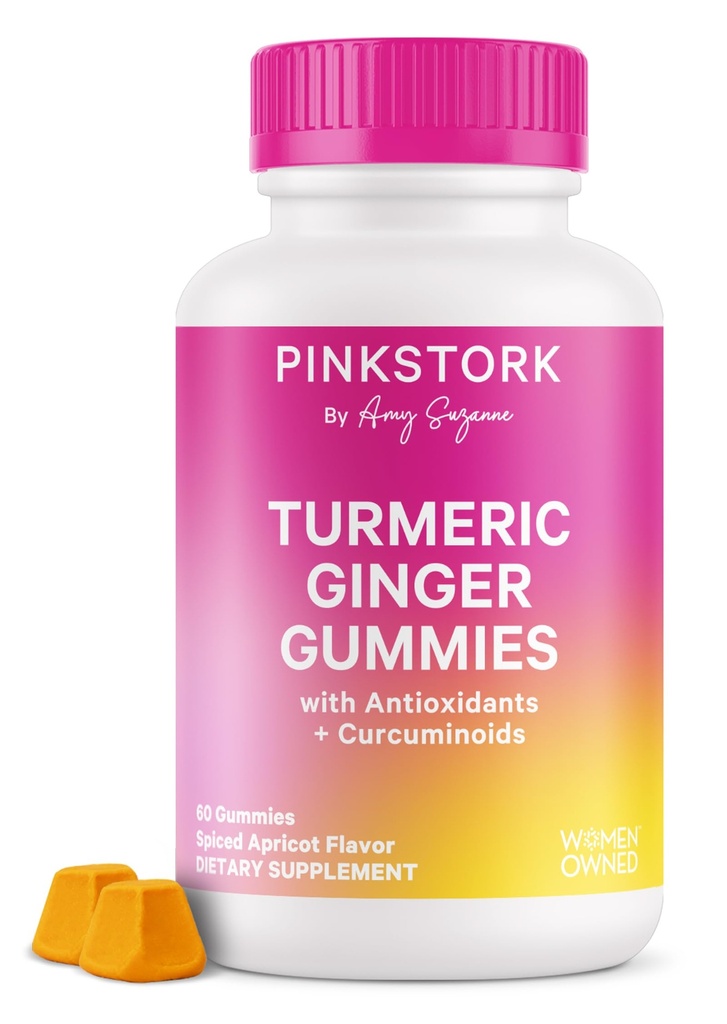 Pink Stork Turmeric ג'ינג'ר חניכיים - תמיכה ב- Gut & Digestive לנשים - Anti Bloating Supplement with Antioxidants - Spiced Apricot Flavor, 60 חניכיים טבעוניות