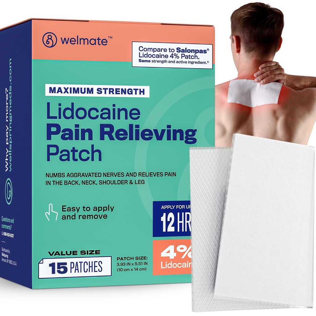 WeLMATE Pain Patches כוח מקסימלי Lidocaine 4% Topical Numbing Analgesic - Lidocaine Patches for Nerve & Back Pain Relief, Sciatica, Neck Strain, Knee, Shoulder Joint, Hip, Foot (15ct)