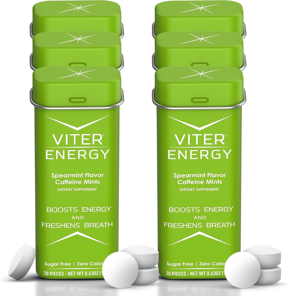 Viter Energy 40 מ"ג Caffeine Mints - סוכר חינם, ויטמין B, טבעוני, Boosts Fast Energyzed Alert Focus, Caffeinated Nootropic גלולות (Speart Flavor, 20pcs, 6 Pack, 120pcs Total)