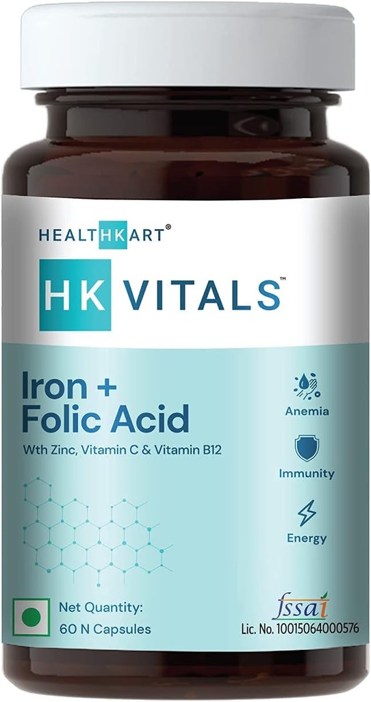בריאות k Iron + Folic Acid תוספת, עם Zinc, ויטמין C & ויטמין B12, תומך בניין דם, חסינות ואנרגיה, 60 קפסולות פולי ברזל