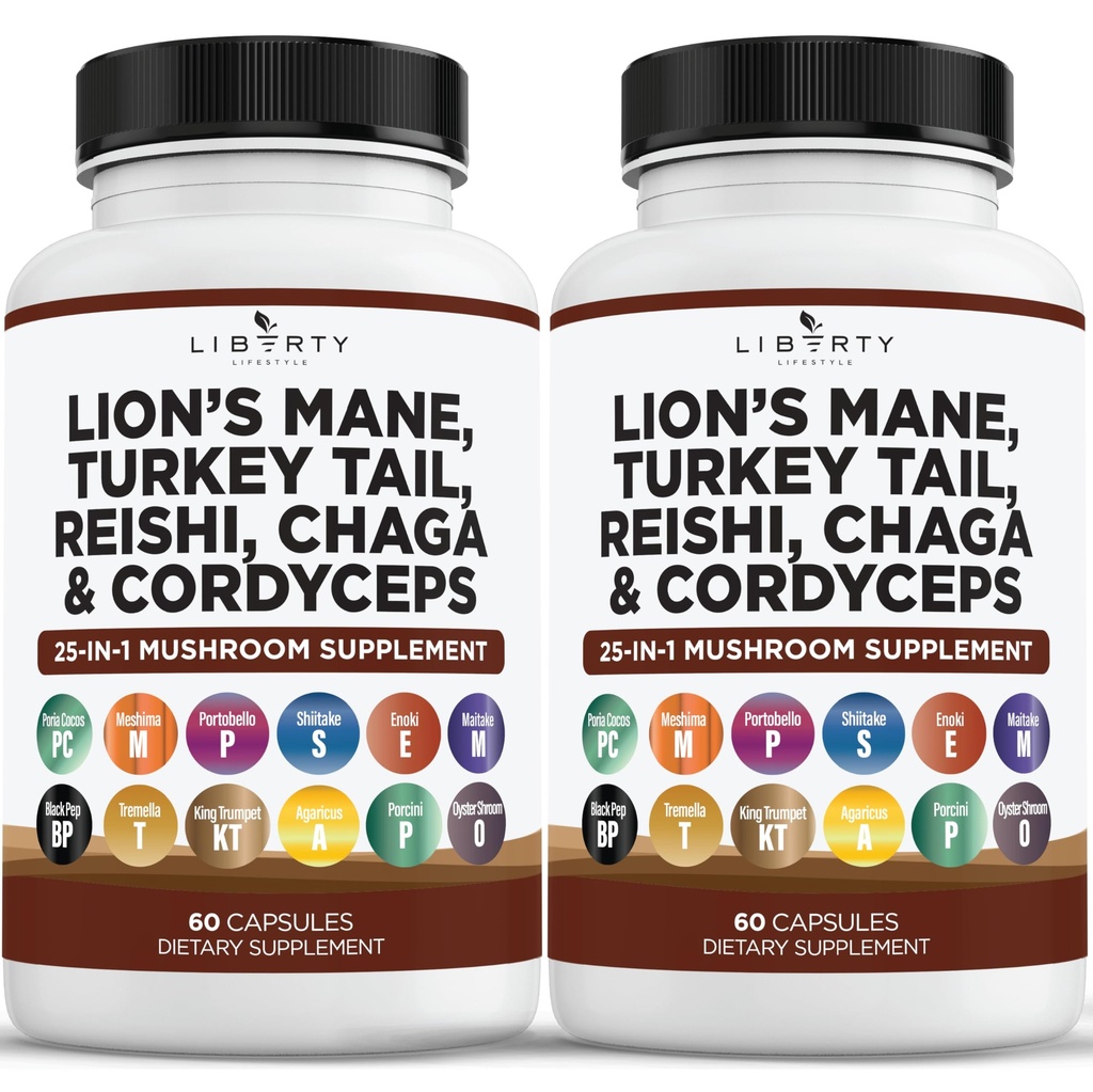 Lions Mane Mushroom תוספת עם טורקיה Tail Reishi Cordyceps Chaga עם Marshmallow Root - 2Pack