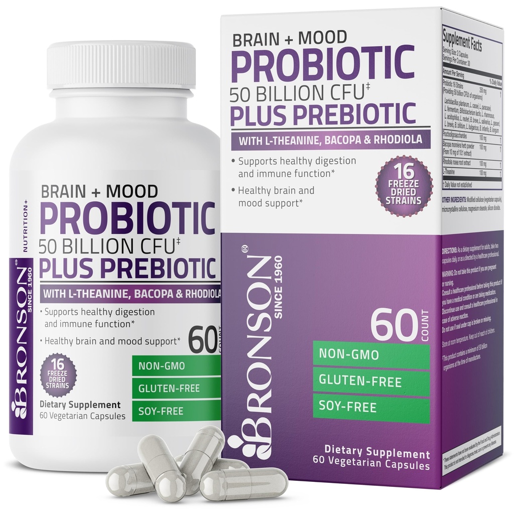 ברוונסון המוח + Mood Probiotic 50 מיליארד CFU Plus Prebiotic עם L-theanine, Bacopa ו Rhodiola non-GMO, 60 קפסולות צמחוניות