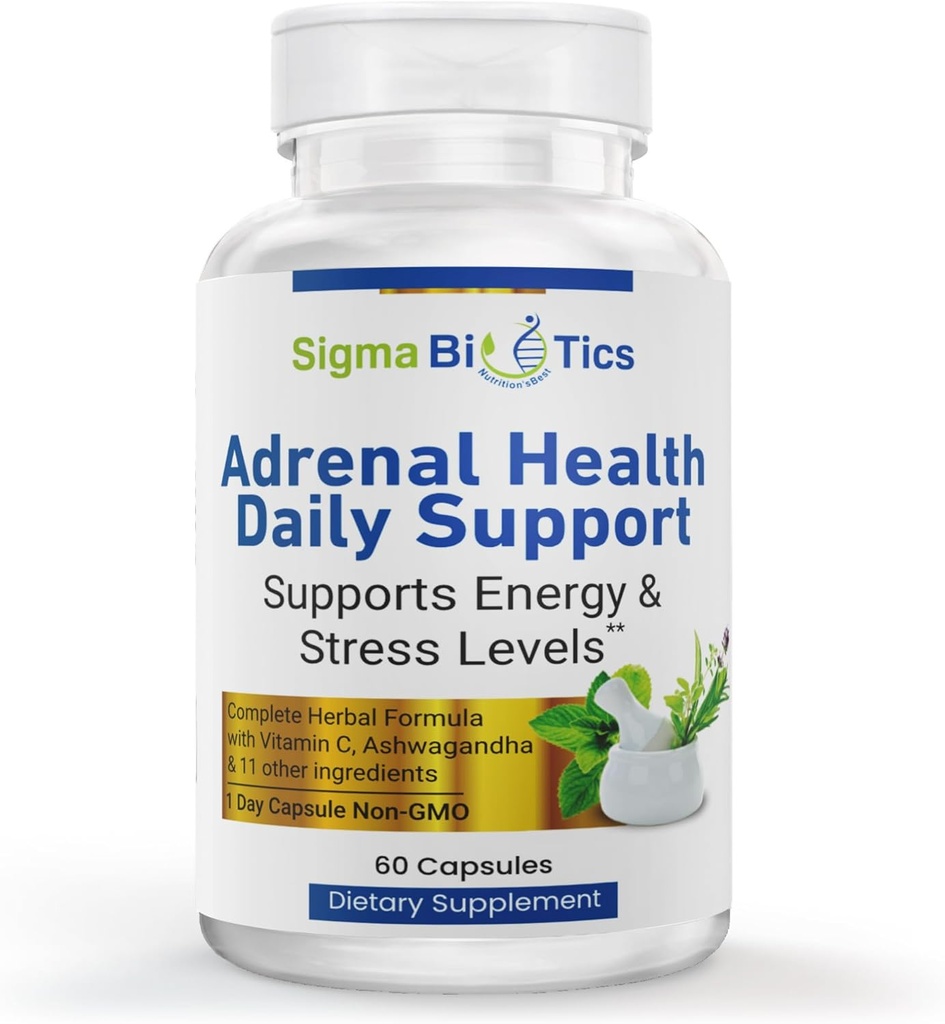 Sigma Biotics Adrenal Health Daily תמיכה - תוספת תמיכה אדנית עם צמחי מרפא, ויטמינים ו Amino Acids - Non-GMO Adrenal Complex for Energy and Vitality - 60 קפסולות
