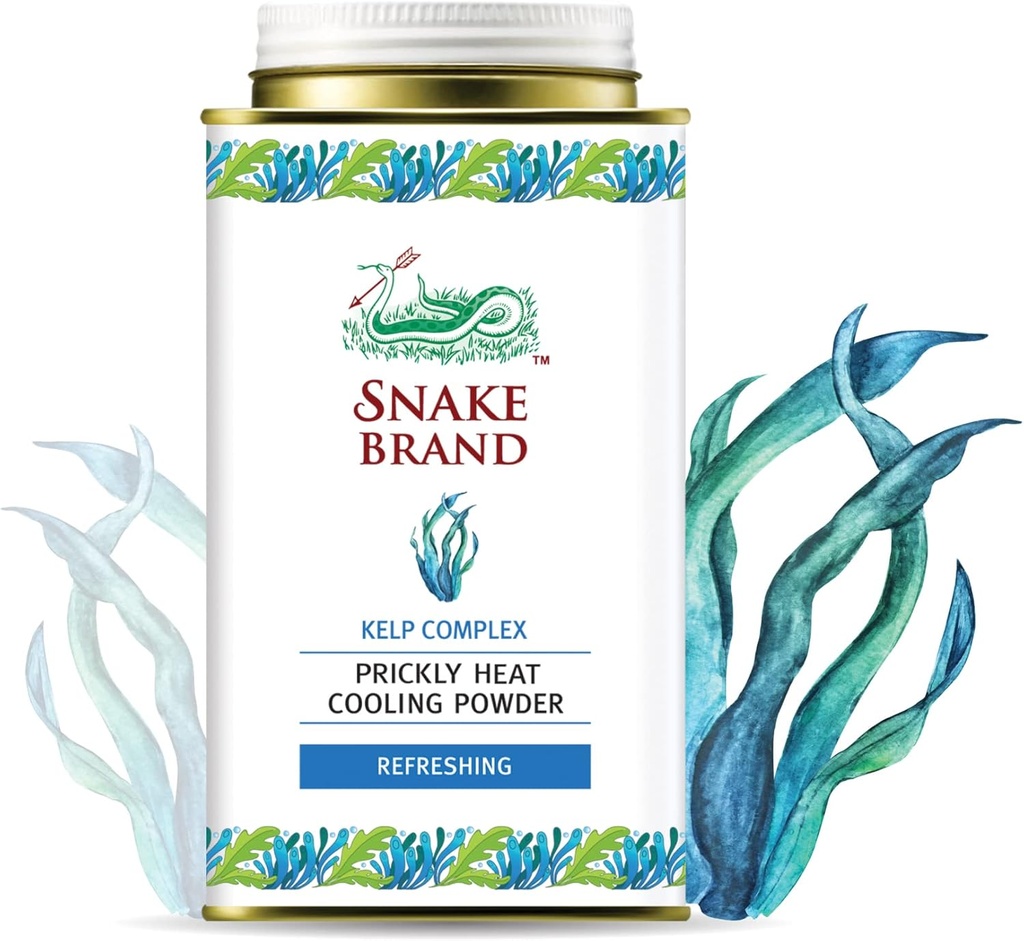 Snake Brand Prickly Heat Cooling אבקה לשימוש יומיומי - Anti-Chafing, Heat Rash Relief, Ocean Fresh Kelp Scent (4.9 Oz / 140g)
