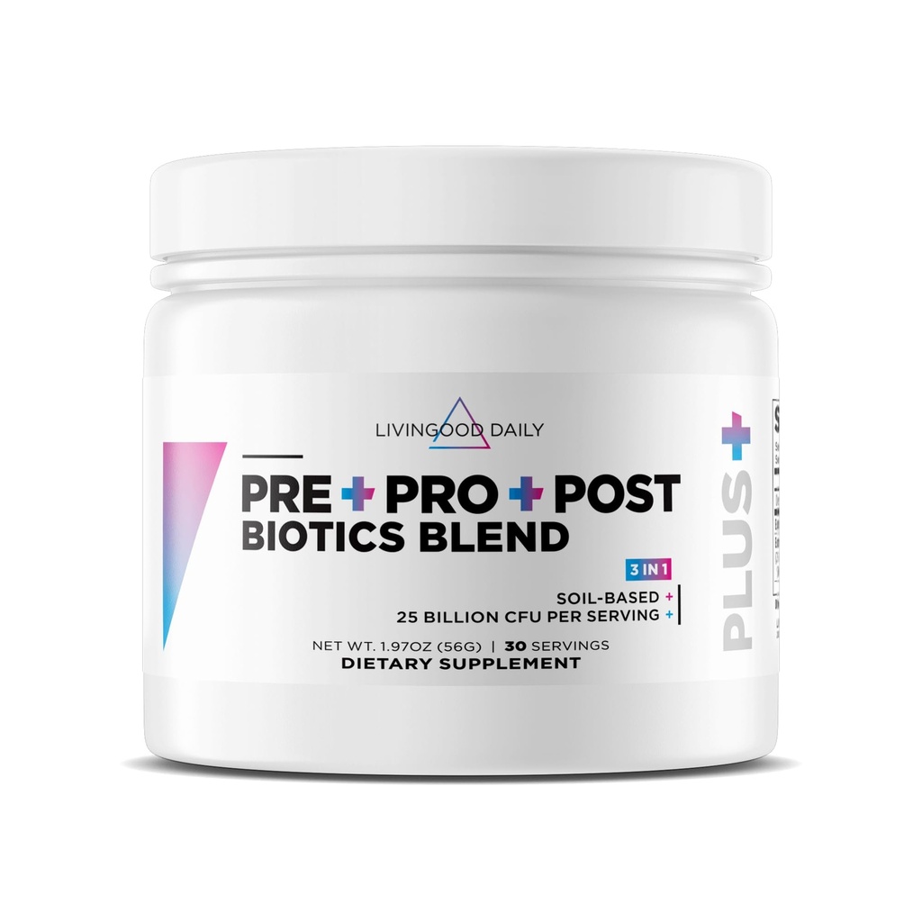 Livingood Daily Pre Pro Post Biotics, תוסף בריאות תזונתי עם Prebiotics של אורגני כחול Agave Inulin, SBO Probiotics, Probiotics for Women & Men, Non GMO, טבעוני, 30 משרתים