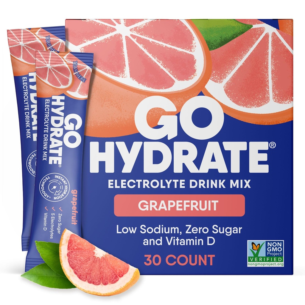 GoHydrate Low Sodium Electrolytes אבקת Packets סוכר חינם - מיידית hydrotion Daily Drink - Zero Sugar Water Flavor Packet Singles עם ויטמין D - (Grapeפירות, 30 Packs)