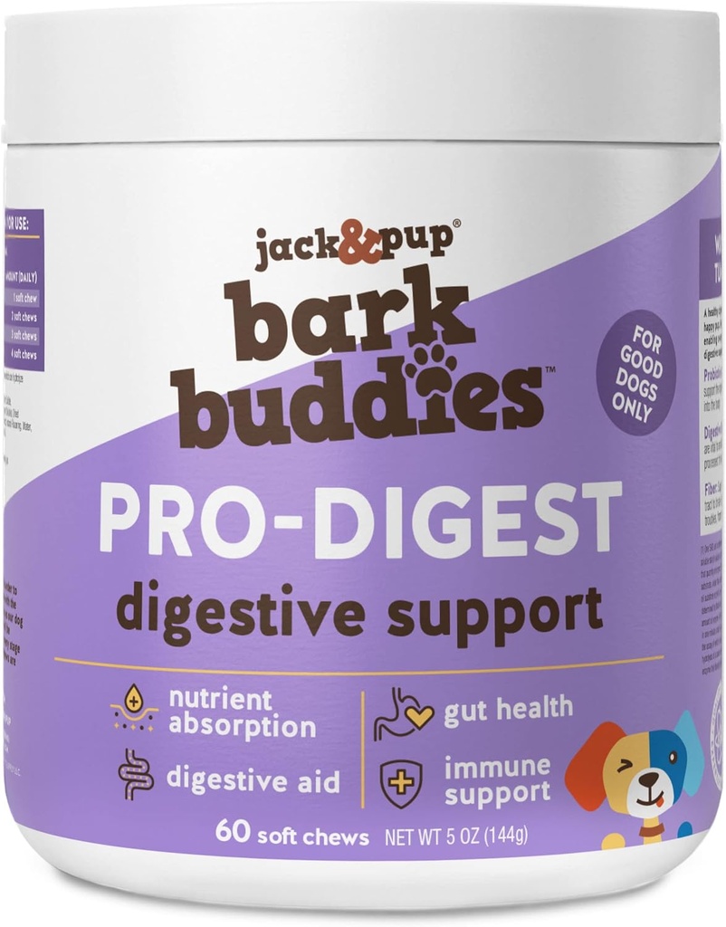 ג'ק & Pup Probiotic Chews לכלבים - כלב פרוביוטי צ'יפס קטן ובינוני - Pro-Digest Bark Buddies (עד 40 lbs) Puppy Probiotic Dog Chews, Pet Probiotics for Dogs - Probiotics for Puppies (60ct)