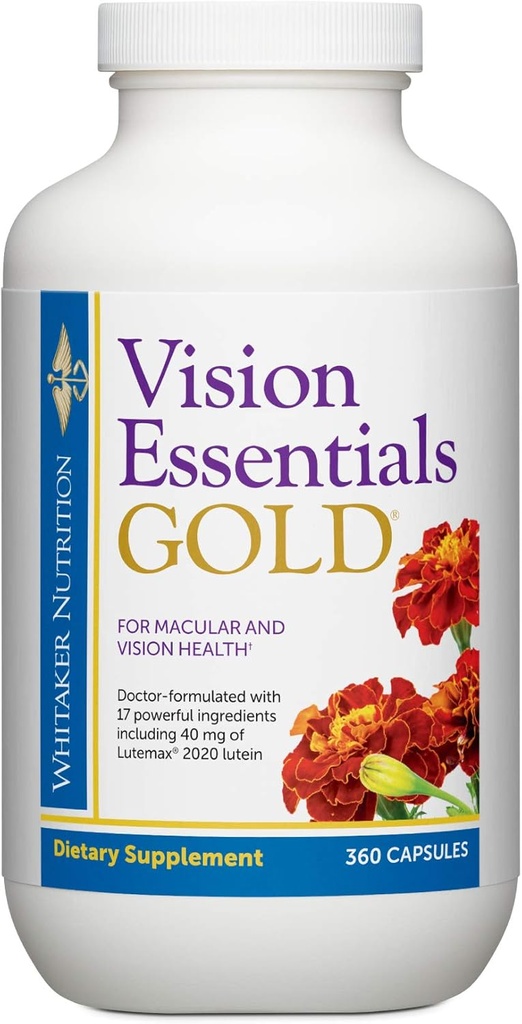 ד"ר Whitaker Vision Essentials Gold - תוספי בריאות העין עם 40 מ"ג של Lutein Plus ויטמין A & Zeaxanthin - תומך Macular Health ו- Shields Eyes Against Blue Light Exposure (360 קפסולות)