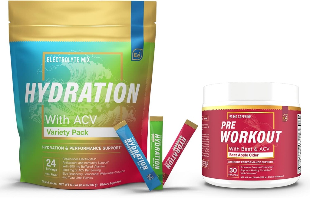 אבקת כביסה חינם סוכר Packets Variety - 24 Stick Packs & PreWorkout אבקת עם ACV | חום, פעילות, נסיעות, Daily hydrotion + Superfood אנרגיה & All-Natural Nitric ide Booster Plus Caffeine