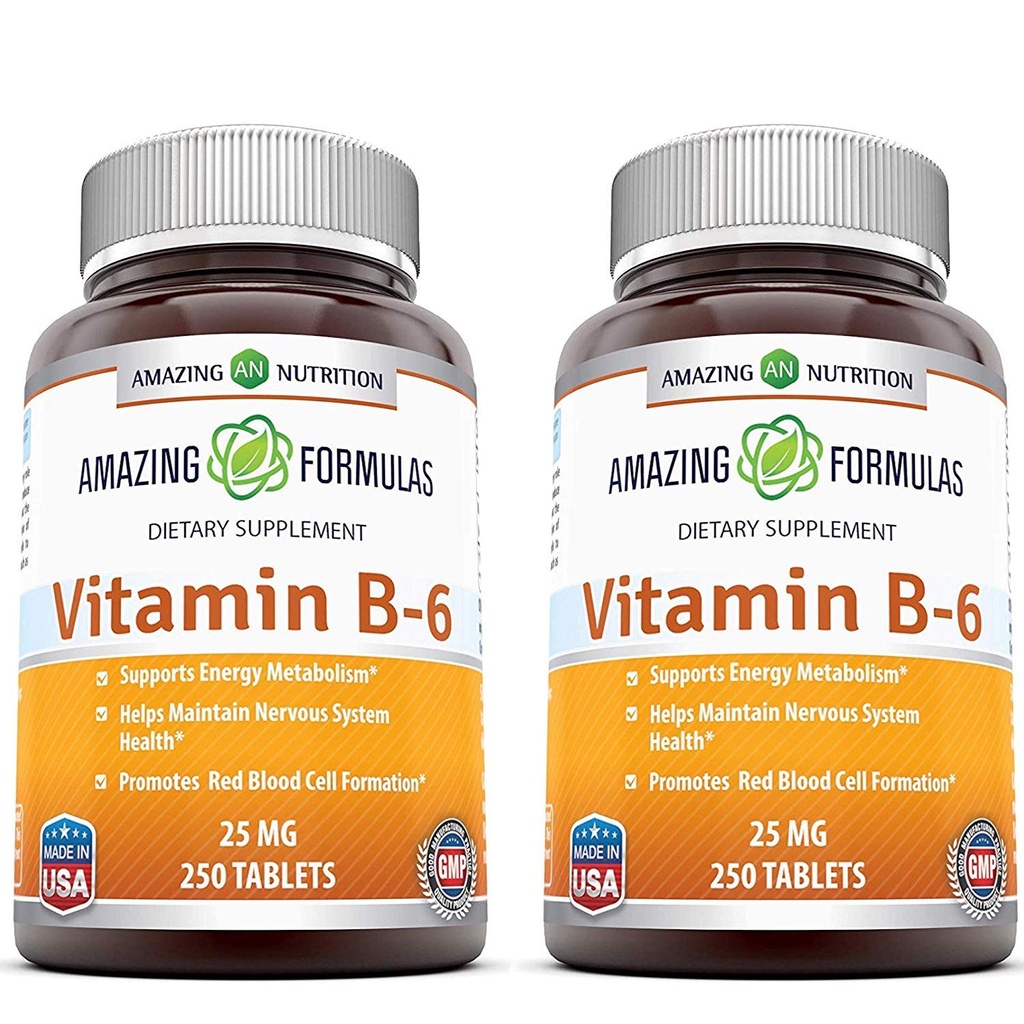 פורמולה מדהימה ויטמין B6 Pyridoxine 25 מ"ג 250 טבליות תוסף | Non-GMO | Gluten Free | Made in USA (2 Pack)