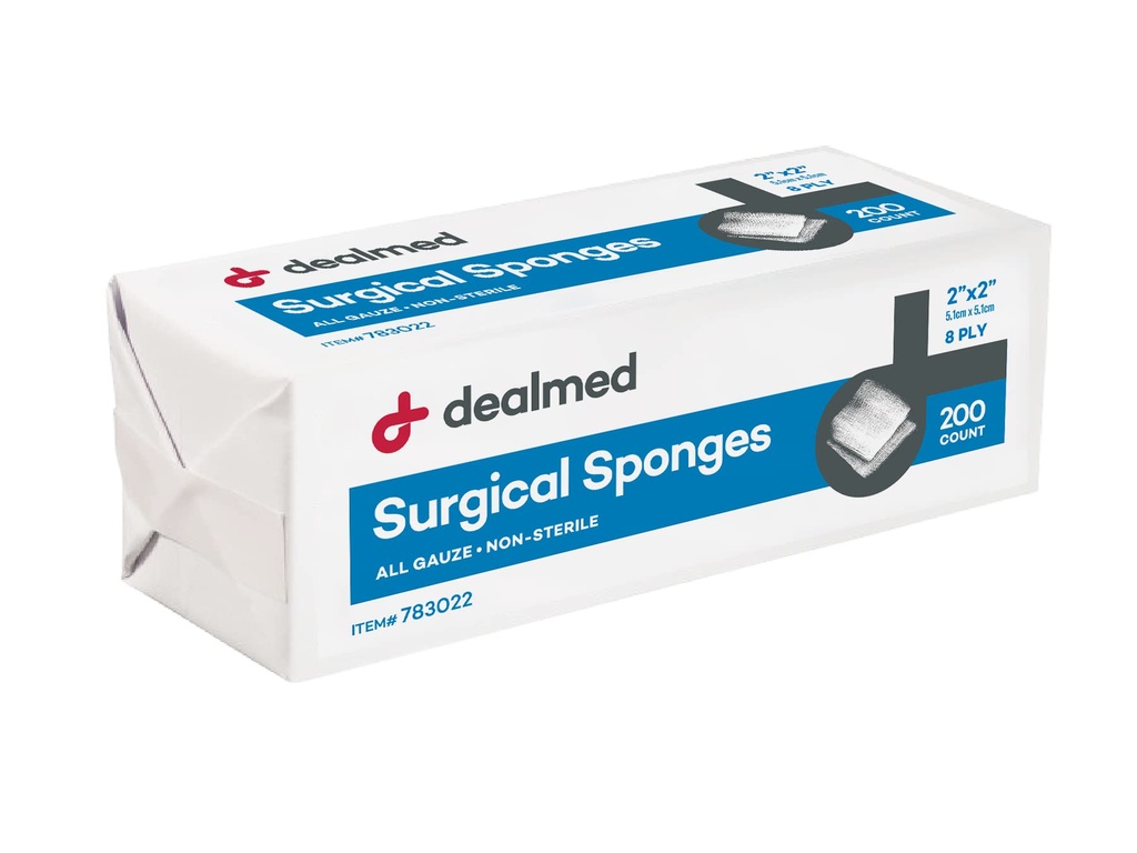 Dealmed 2" x 2 " Surgical Sponges, 8-Ply, Non-Woven Absorbent Gauze Sponges for Wound Care, First Aid Kits and Medical מתקנים, 200 Count (Pack of 1)