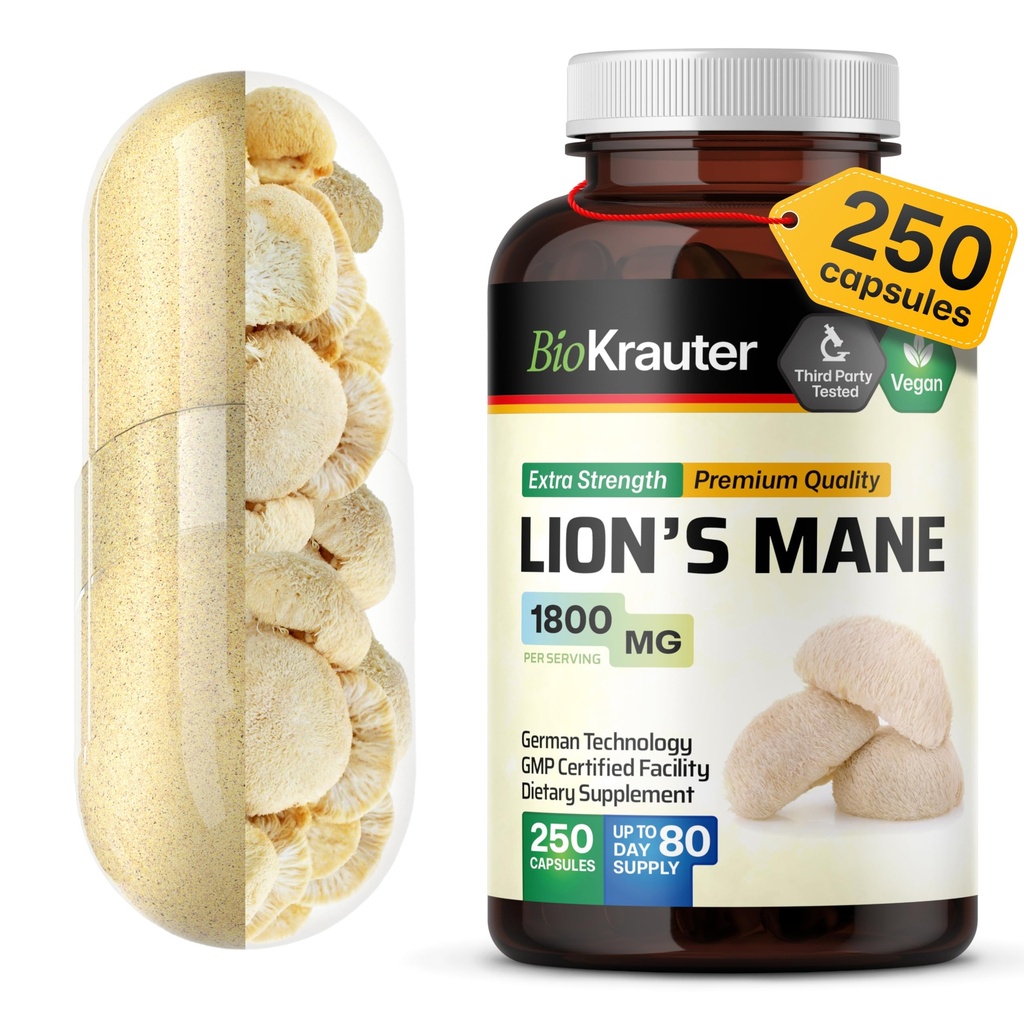 BIO KRAUTER Lions Mane תוספי 1800 מ"ג - 250 הרוזן - תוספי אבקת Lions Mane עבור תמיכה המוח - 3 חודשים אספקה - No Fillers