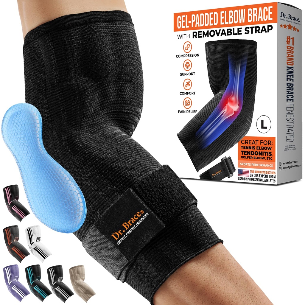 DR. BRACE® Elite Elbow Brace תמיכה, אלבו קומפרסיון נשימה עם גל פא עבור גולף, טניס אלבו & Tendonitis טיפול & כאב 2024 (שחור, גדול)
