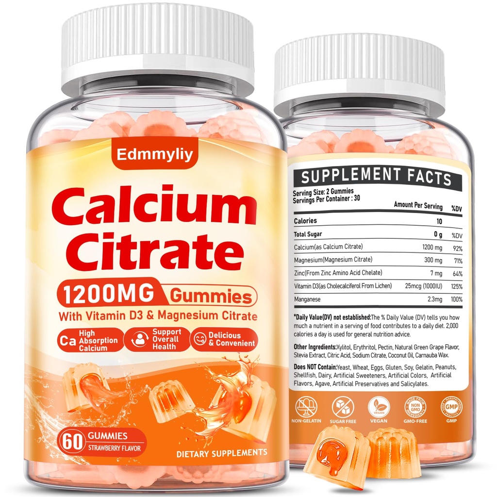 Calcium Citrate תוספת חניכיים למבוגרים - סוכר חינם Calcium Citrate 1200 Mg עם Magnesium 300 Mg & ויטמין D3 - תוספי Calciums עבור נשים וגברים