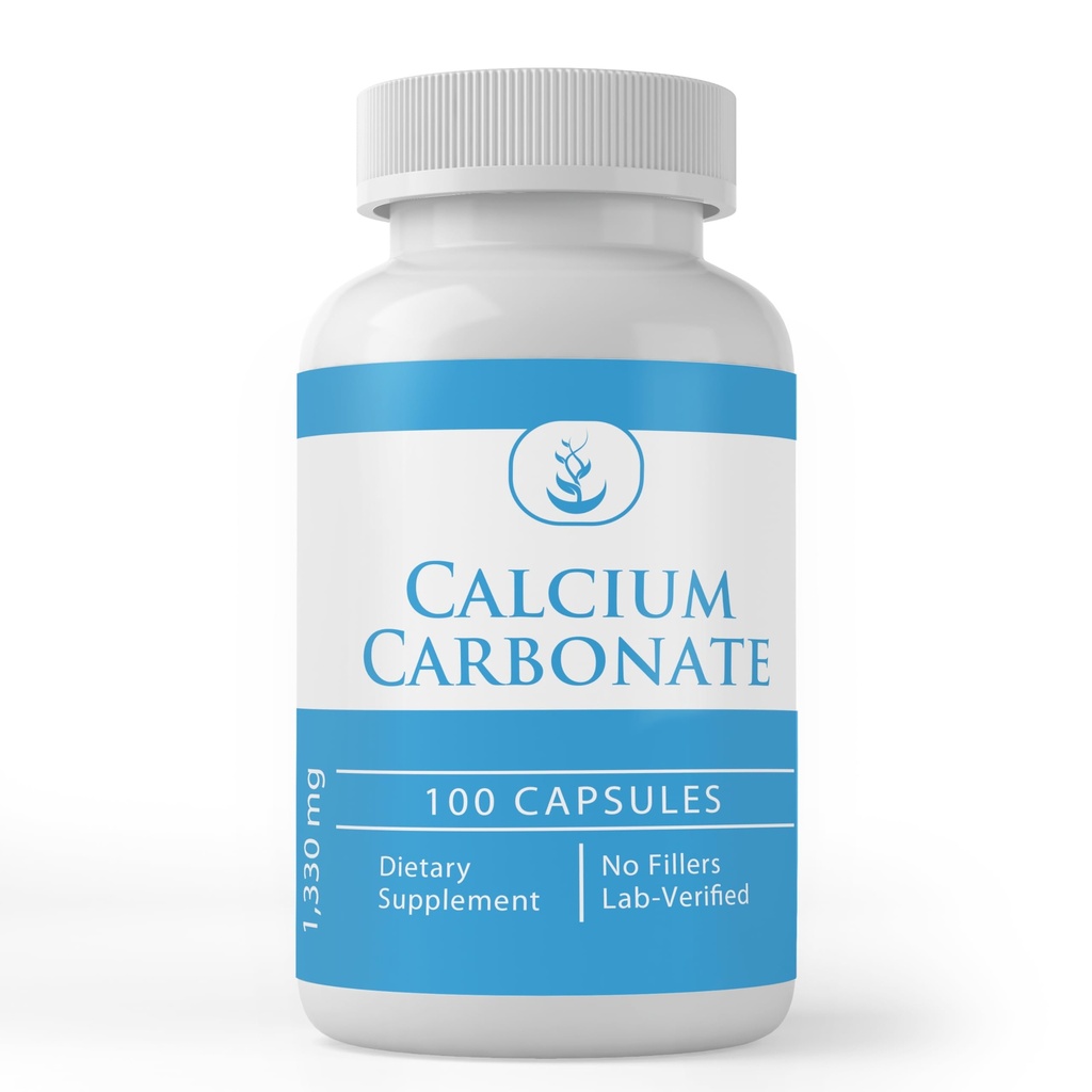 מרכיבים מקוריים טהורים Calcium Carbonate, (100 קפסולות) תמיד טהור, ללא תוספות או מילויים, מעבדה מאומתת