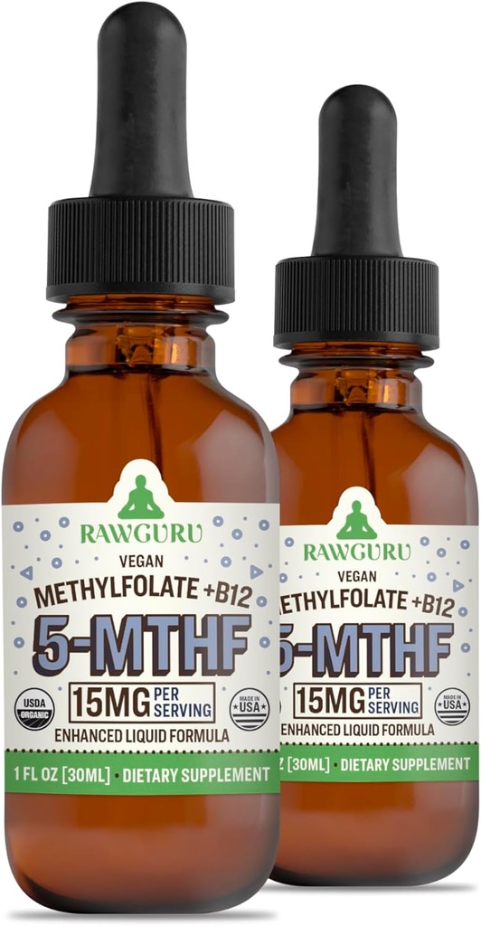 RawGuru L-Methylfolate 15 מ"ג + ויטמין B12 - אורגני Methylated B12 עם Trace מינרלים - Nano-Processed & Enhanced נוזל פורמולה - 300 משרתות טבעוניות טיפות ל -30 מ"ל, Pack של 2 2 2 + 2
