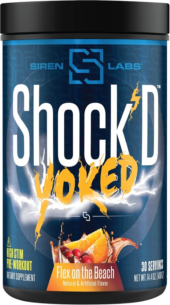 Shock'd Yoked High Stim Pre-Workout - Caffeine, Tairine, Citrulline Malate, Agmatine, Betaine Anhydrous - High Energy & Powerful שרירים משאבות - Nitric Oxide - Flex על החוף (30 משרתים)