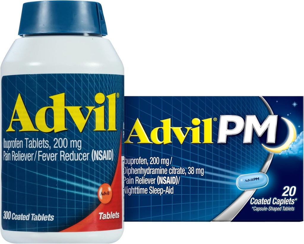 Advil Pain Reliever and Fever להפחית, Ibuprofen 200 מ"ג עבור הקלה בכאב - 300 הרוזן, עו"ד כאב ראש כאב Reliever ו- Nighttime Sleep Aid, Ibuprofen for Pain Relief and Diphenhydramine Citrate - 20 Count