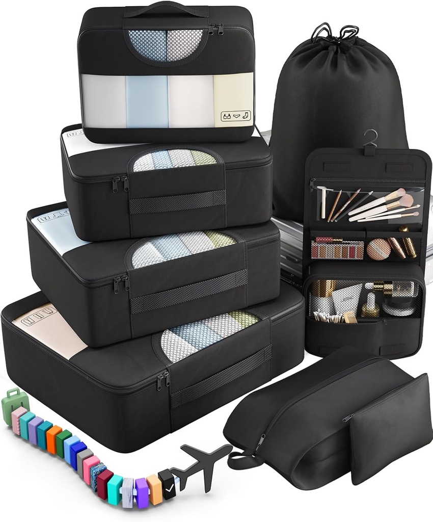Veken 10 Set/8 Set Packing Cubes for Travel Essentials, Fitcase Organer Bags in 4 Sizes, Carry-On Luggage אביזרים עם גדול כביסה ושירותים Bag, חייב להיות עבור Airplane, Road Trip & Camping