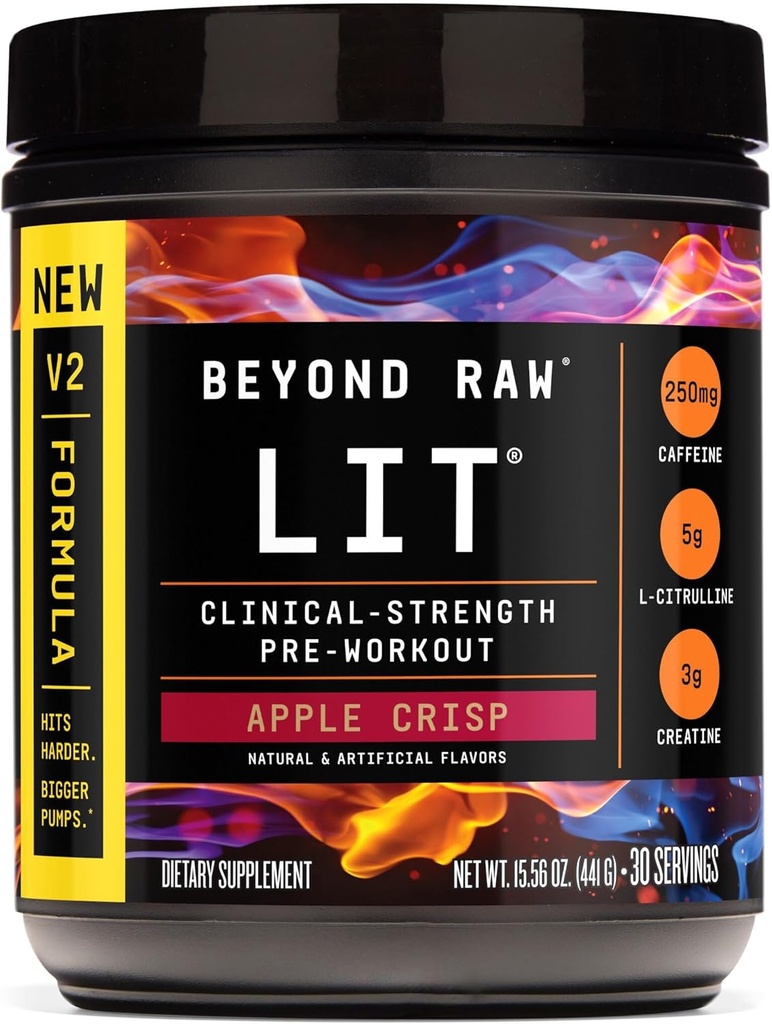 BeYOND RAW LIT V2 כוח קליני למנוע אבקה, Hits Harder, Bigger Pumps, Caffeine, L-Citrulline, Creatine, Apple Crisp, 30 משרתים