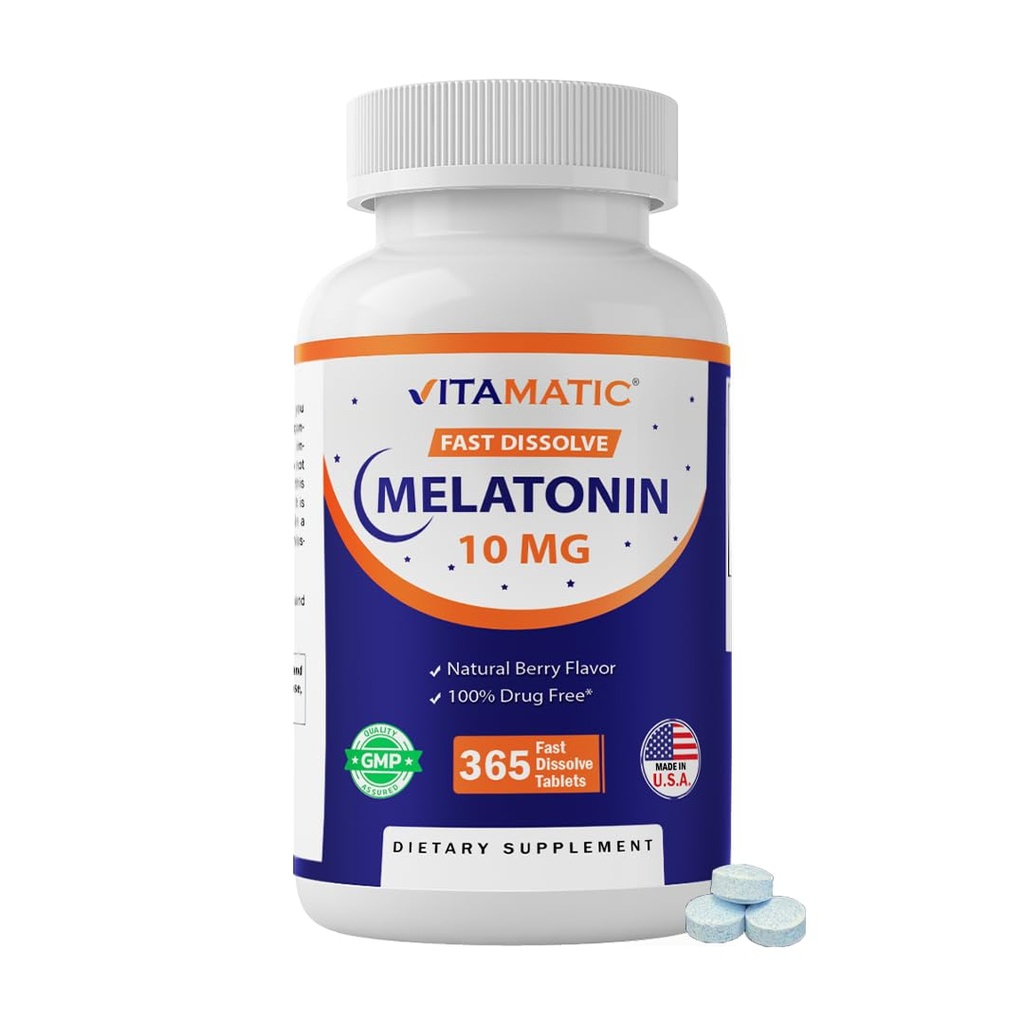 Vitamatic Melatonin 10 מ"ג מהיר דיסקלוט טבליות - Quick-Dissolution תמיכה בשינה עבור מבוגרים - Vegetarian, non-GMO & Gluten-Free - טבעי ברי פלפור - 365 טבליות