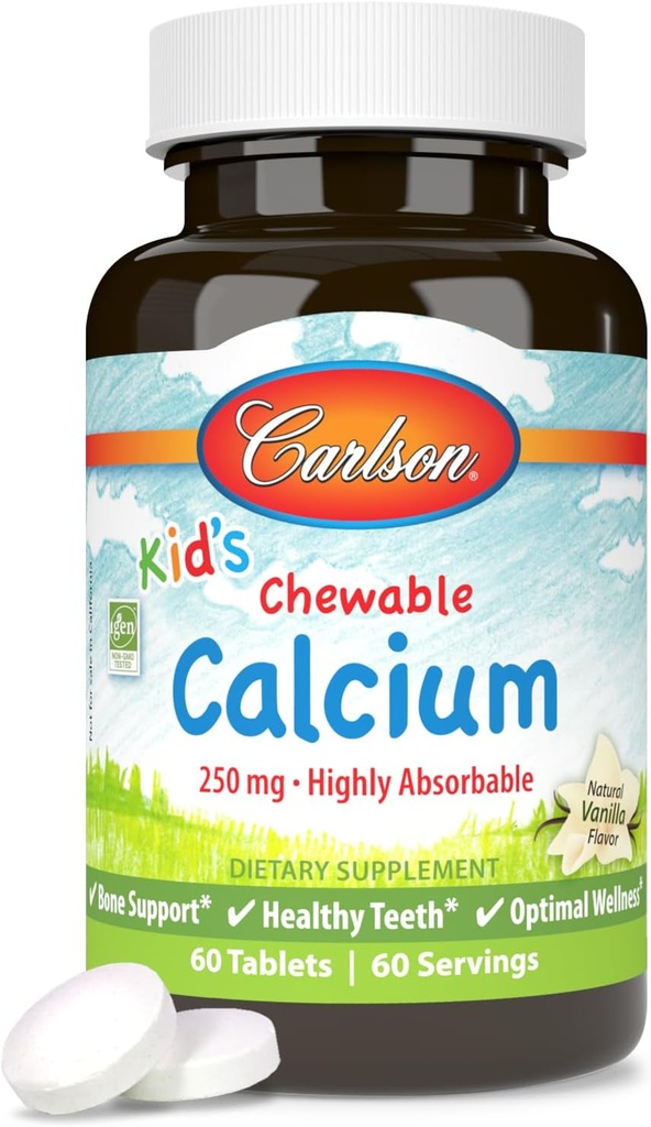 קרלסון - Calcium Chewable של Kid, 250 מ"ג, Highly Absorbable, Bone & שיניים תמיכה, Optimal Wellness, Natural Vanilla Flavor, 60 טבליות