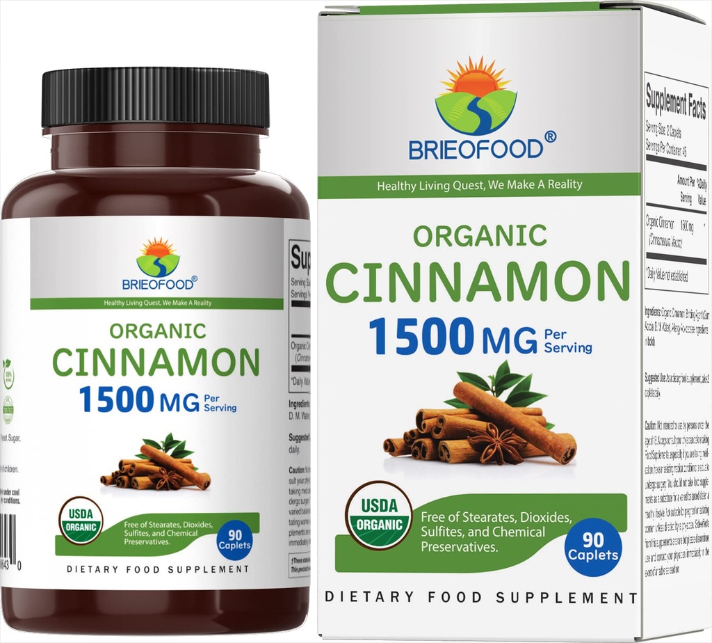 Brieofood אורגני Cinnamon 1500 מ"ג, 45 משרתות, Gluten Free, 90 טבליות Vegetarian