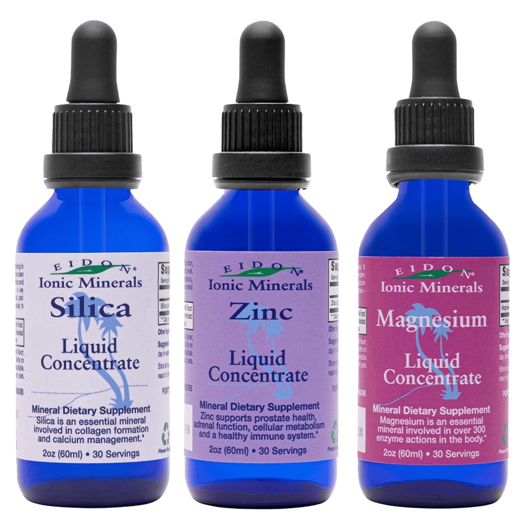 Edon Ionic מינרלים נוזלי Silica, Zinc, & Magnesium Drops Variety Pack - Silica, Zinc, & Magnesium תוספים, All-Natural Trace מינרלים, No Preservatives או Additives - 2 oz, Pack של 3 oz, Pack של 3