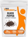 BulkSupplements.com Black Pepper Extraction - Black Peppers, תוספי פיפרין - טבעוני וגלוטן חינם, 20 מ"ג עבור שירות, 250g (Pack of 1)