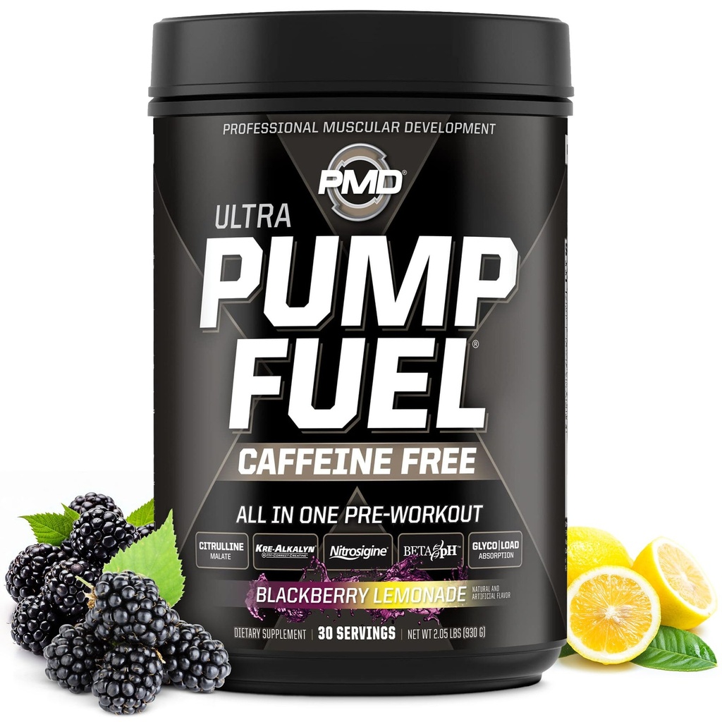 PMD Sports Pump Fuel Ultra Caffeine Free, Ultimate Pre Workout & Muscle Pump, Maximum Strength Energy, Focus, Endurance & Recovery, Creatine & Beta Alanine, BlackBerry Lemonade, 30 Servings
