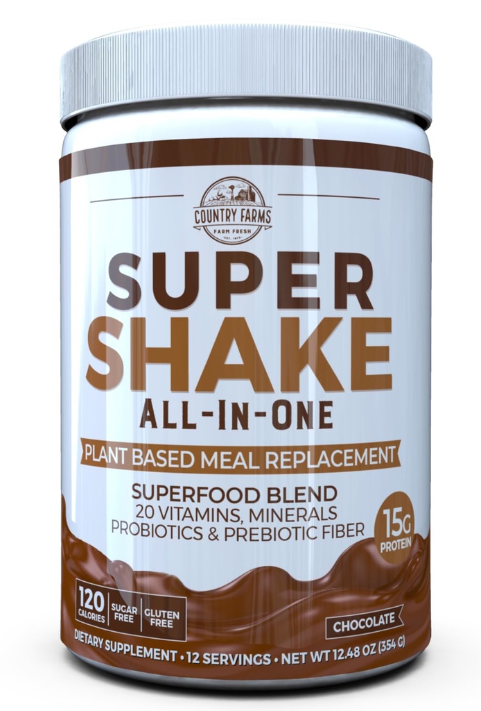 חוות כפריות All-in-One Super Shake Mealחליפו 15g Plant Protein Dietary תוסף עם Superfoods, ויטמינים, פרוביוטיקה ו-Prebiotics, 12 משרתים, שוקולד, 12.48 Oz
