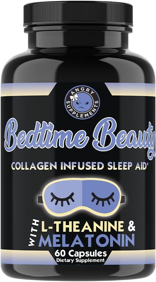 Bedtime Beauty, Collagen Infused Twilight Night Sleep Aid, All Natural Pills w. L-theanine, Melatonin, Magnesium & Hyaluronic Acid Sleepy Girl Mocktail, 60 קפסולות, 30  המשרתים.