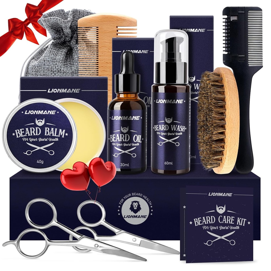 Lionmane Beard Care Christmas Gifts Kit for Men, Beard Mustache Grooming Kit-Beard Balm, Beard Wash, Beard Oil, Brush, Scissors, יום הולדת חג ההודיה מתנות עבור בעל / בן / אבא / אבא / Him / אבא / Himm / אבא / Himsm / אבא / אבא / אבא / Him / Him / אבא / Him / אבא / Him / Him / אבא / Him / Him.