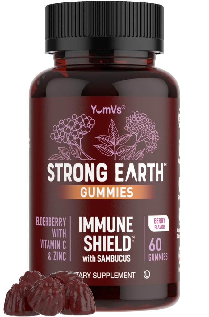 חניכיים כדור הארץ חזק - Sambucus Elderberry Immune תמיכה עם ויטמין C & Zinc - Black Elderberry חניכיים, ברי פלפור, non-GMO, Gluten Free, כשר - 60 הרוזן